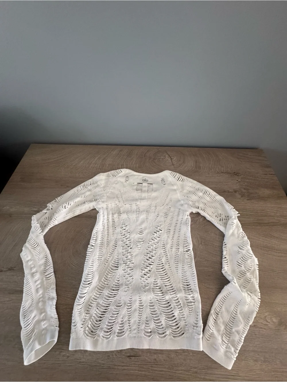 ALO Yoga White Distressed Open-Knit Long Sleeve Top